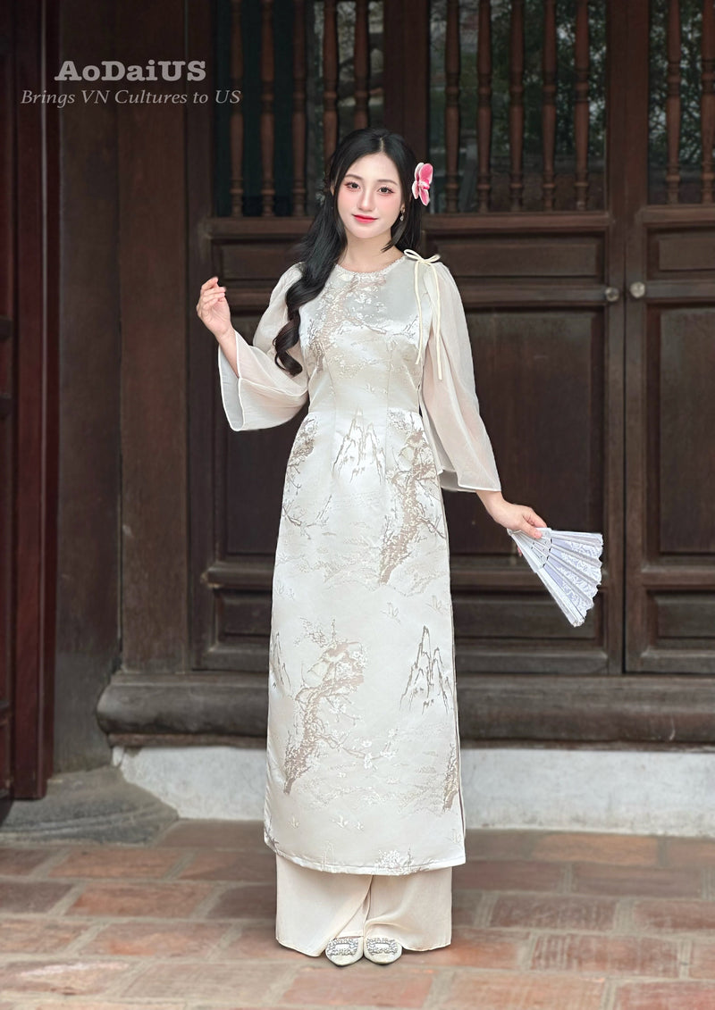 Cream Wide Sleeves Ao Dai No Pants | Vietnamese Modernized Dress | o Ao Dai US Cream Wide Sleeves Ao Dai No Pants | Vietnamese Modernized Dress | o Ao Dai US