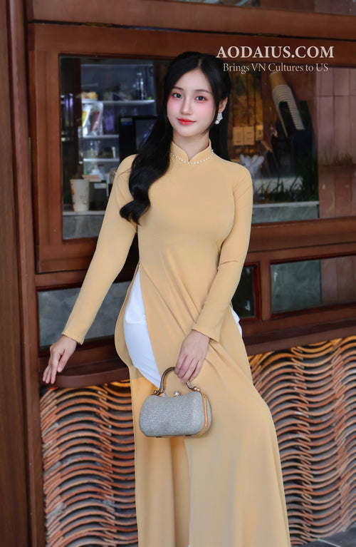 Yellow Ao Dai with Pearls | Vietnamese Traditional Dress for Women N7