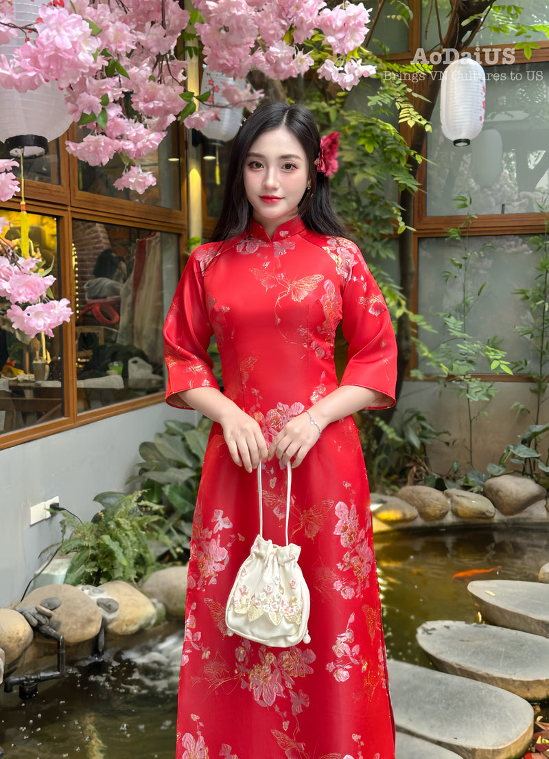 Red Butterfly Gardern Shifted Ao Dai No Pants | Áo Dài Hồ Điệp C15