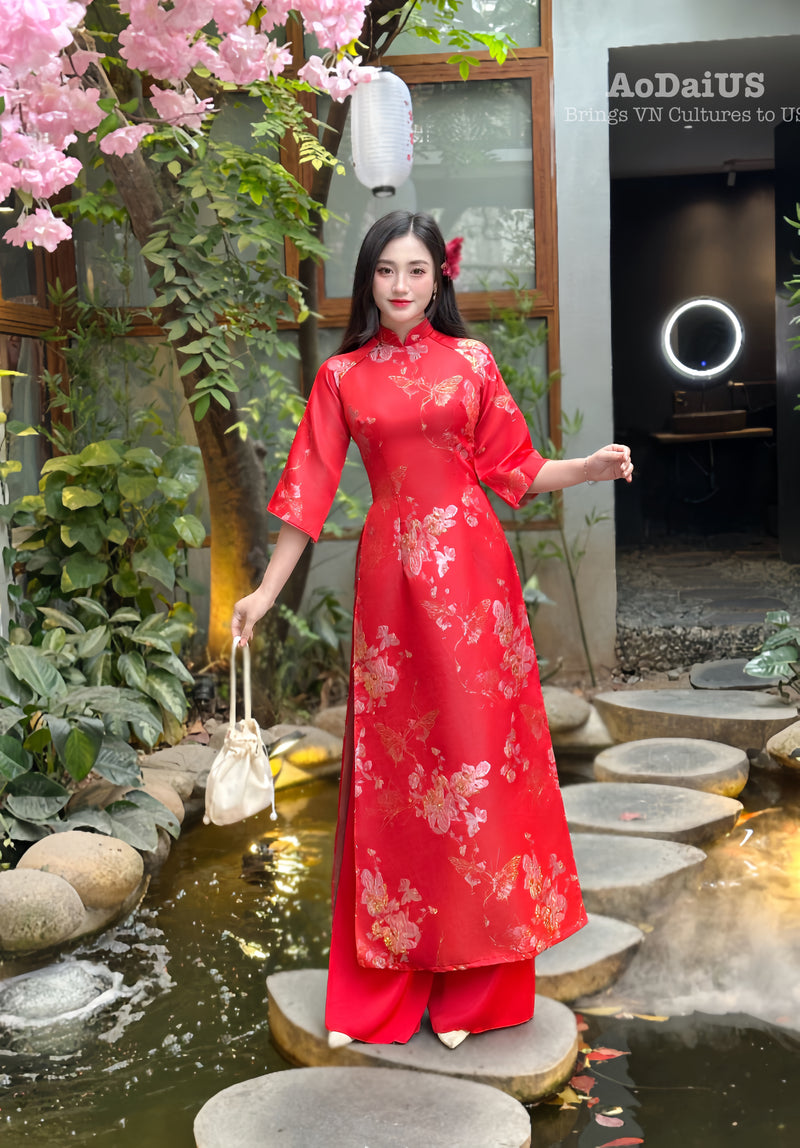 Red Butterfly Gardern Shifted Ao Dai No Pants | Áo Dài Hồ Điệp C15