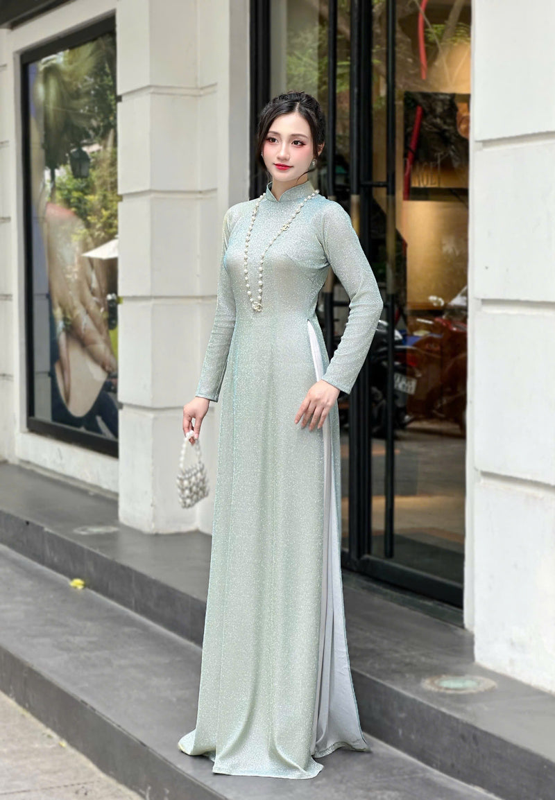 Mint Traditional Vietnamese Ao Dai For Women No Pants | Áo Dài Việt Nam Kim Sa Lấp Lánh F1