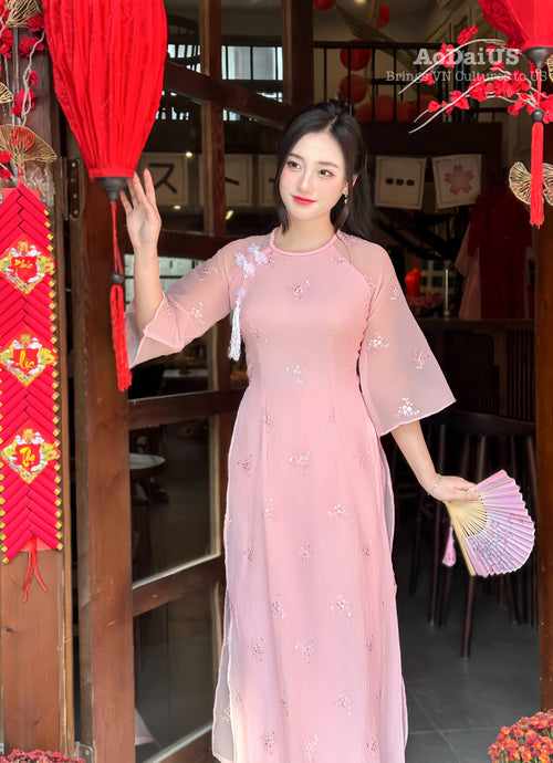 Pink Floral Vietnamese Modern Ao Dai Set | Áo Dài Cách Tân C2