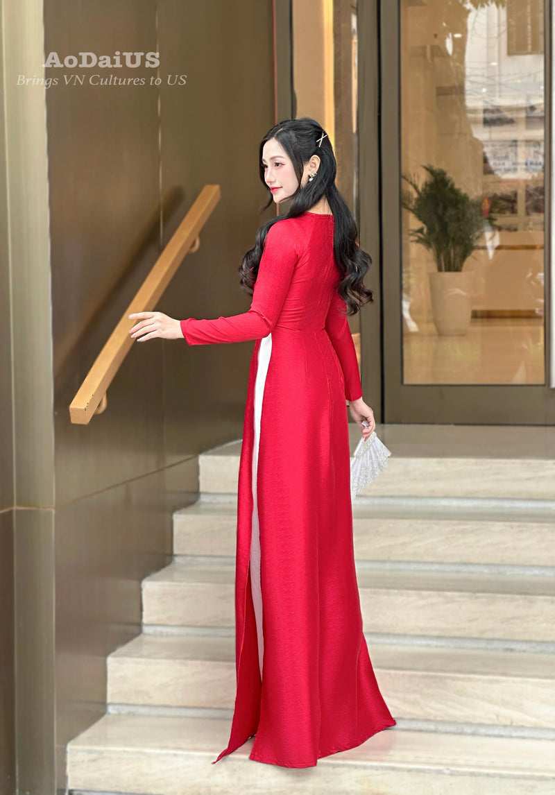 Red Embellished with Pearls and Gemstones Ao Dai No Pants