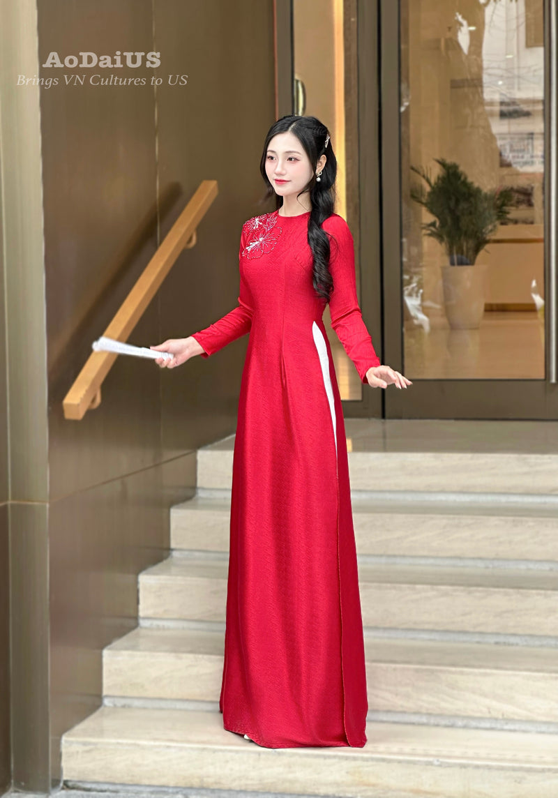Red Embellished with Pearls and Gemstones Ao Dai No Pants Red Embellished with Pearls and Gemstones Ao Dai No Pants