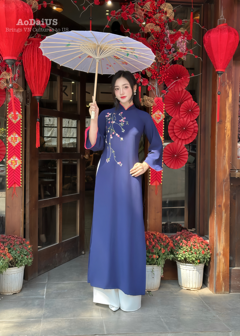 Navy Blue Ao Dai Dress With Loose Style For Women | Áo Dài Truyền Thống B25