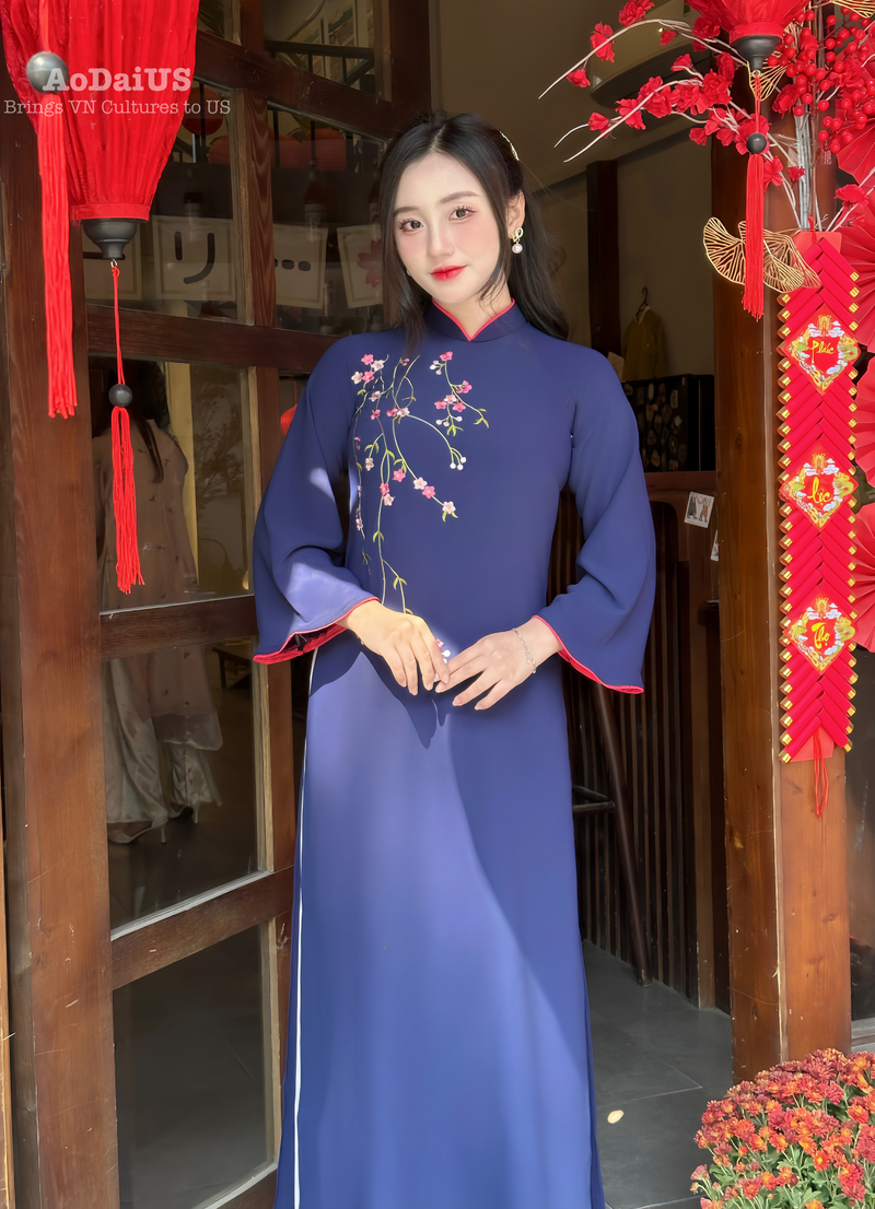 Navy Blue Ao Dai Dress With Loose Style For Women | Áo Dài Truyền Thống B25