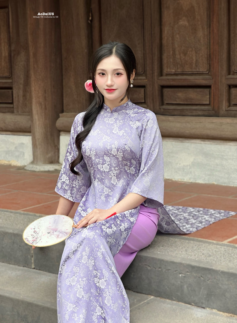 Purple Floral Bubble Ao Dai No Pants | Traditional Vietnamese Ao Dai H18