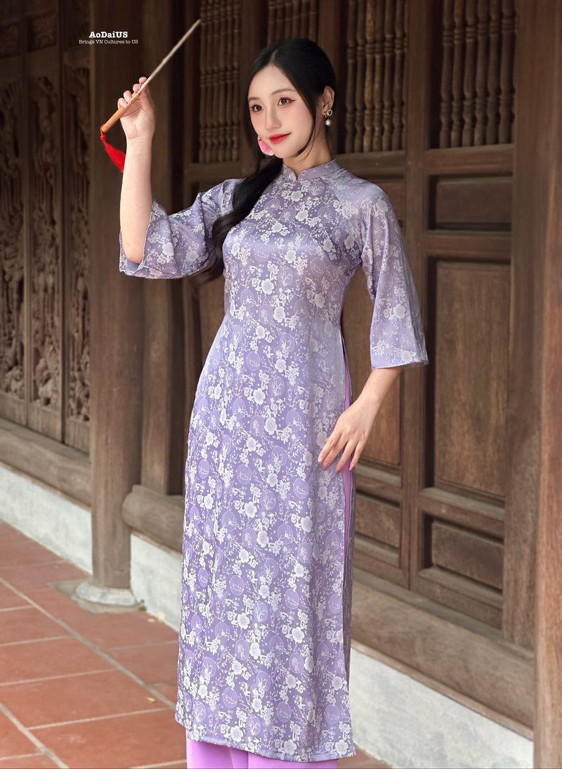 Purple Floral Bubble Ao Dai No Pants | Traditional Vietnamese Ao Dai H18