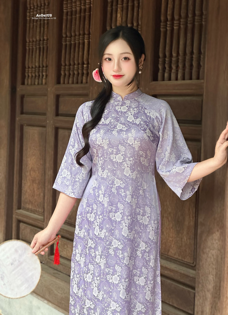 Purple Floral Bubble Ao Dai No Pants | Traditional Vietnamese Ao Dai H18