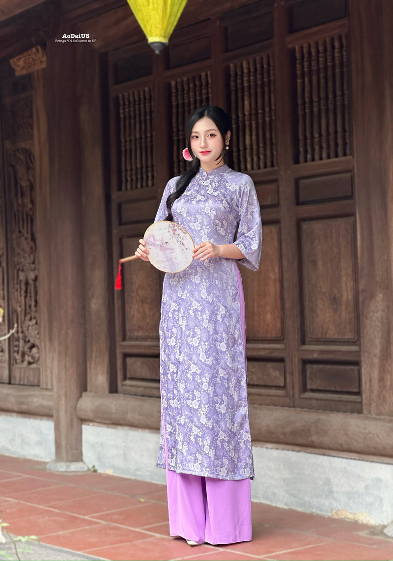 Purple Floral Bubble Ao Dai No Pants | Traditional Vietnamese Ao Dai H18