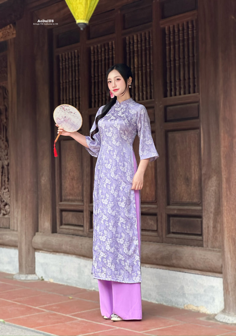 Purple Floral Bubble Ao Dai No Pants | Traditional Vietnamese Ao Dai H18