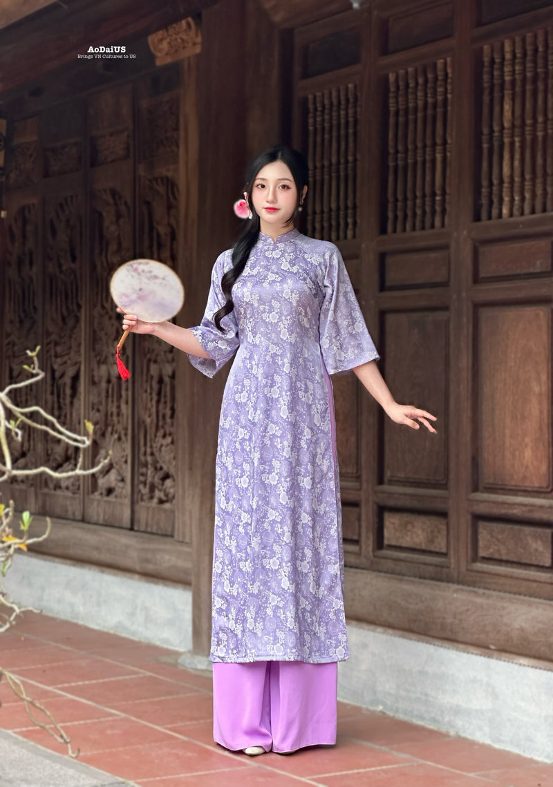 Purple Floral Bubble Ao Dai No Pants | Traditional Vietnamese Ao Dai H18
