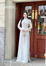 Elegant White Ao Dai featuring delicate Pearl Embellishments No Pants | Áo Dài Truyền Thống