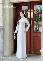Elegant White Ao Dai featuring delicate Pearl Embellishments No Pants | Áo Dài Truyền Thống