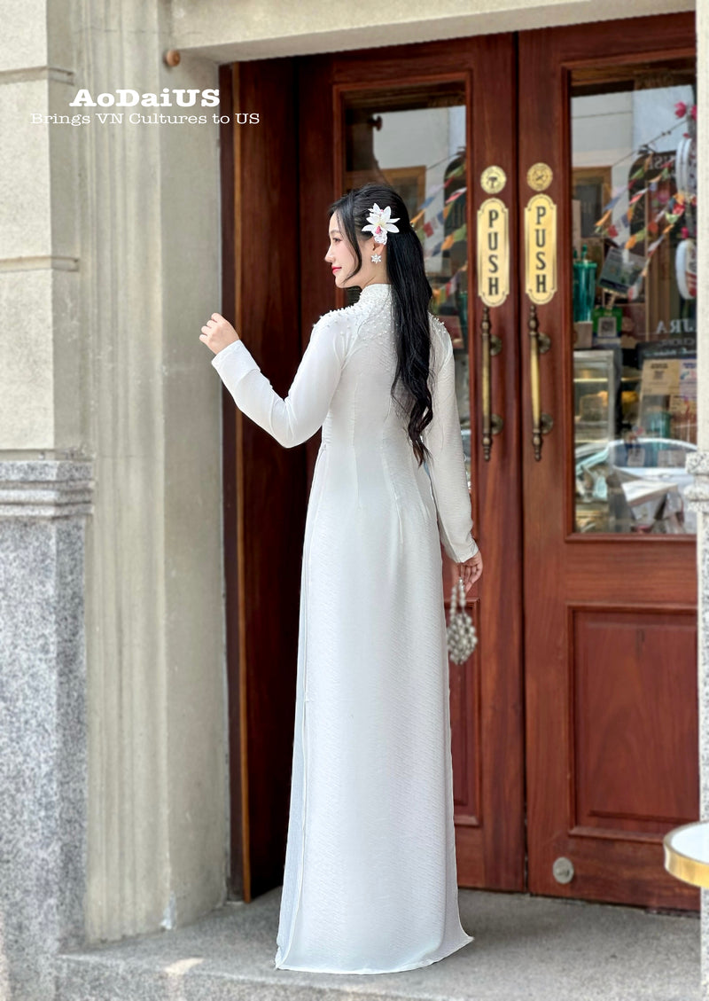 Elegant White Ao Dai featuring delicate Pearl Embellishments No Pants | Áo Dài Truyền Thống