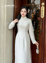 Elegant White Ao Dai featuring delicate Pearl Embellishments No Pants | Áo Dài Truyền Thống