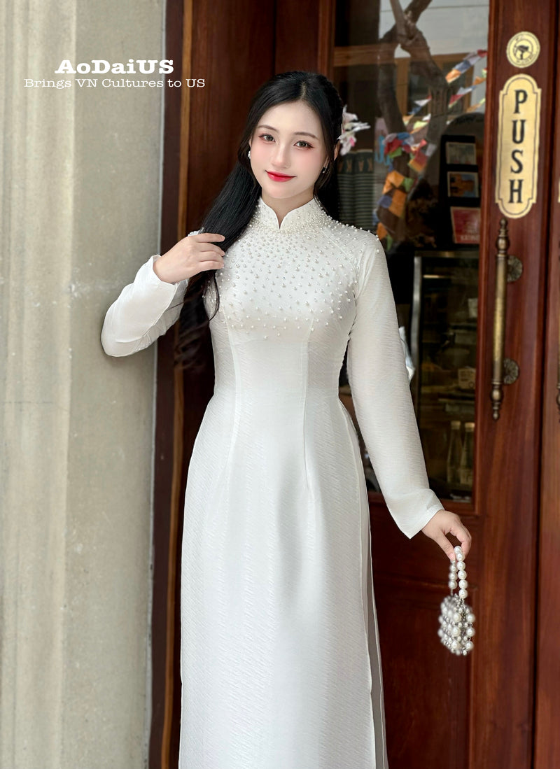 Elegant White Ao Dai featuring delicate Pearl Embellishments No Pants | Áo Dài Truyền Thống