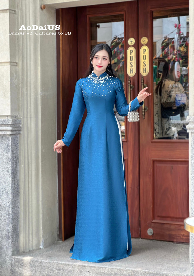 Elegant Blue Ao Dai featuring delicate Pearl Embellishments No Pants | Áo Dài Truyền Thống