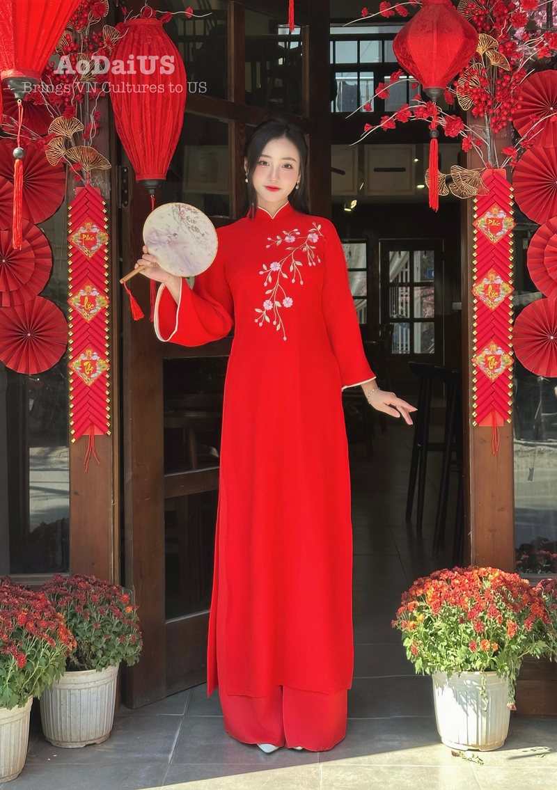 Red  Ao Dai Dress With Loose Style For Women | Áo Dài Truyền Thống B25