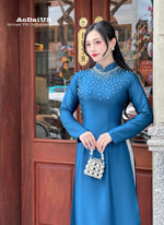Elegant Blue Ao Dai featuring delicate Pearl Embellishments No Pants | Áo Dài Truyền Thống