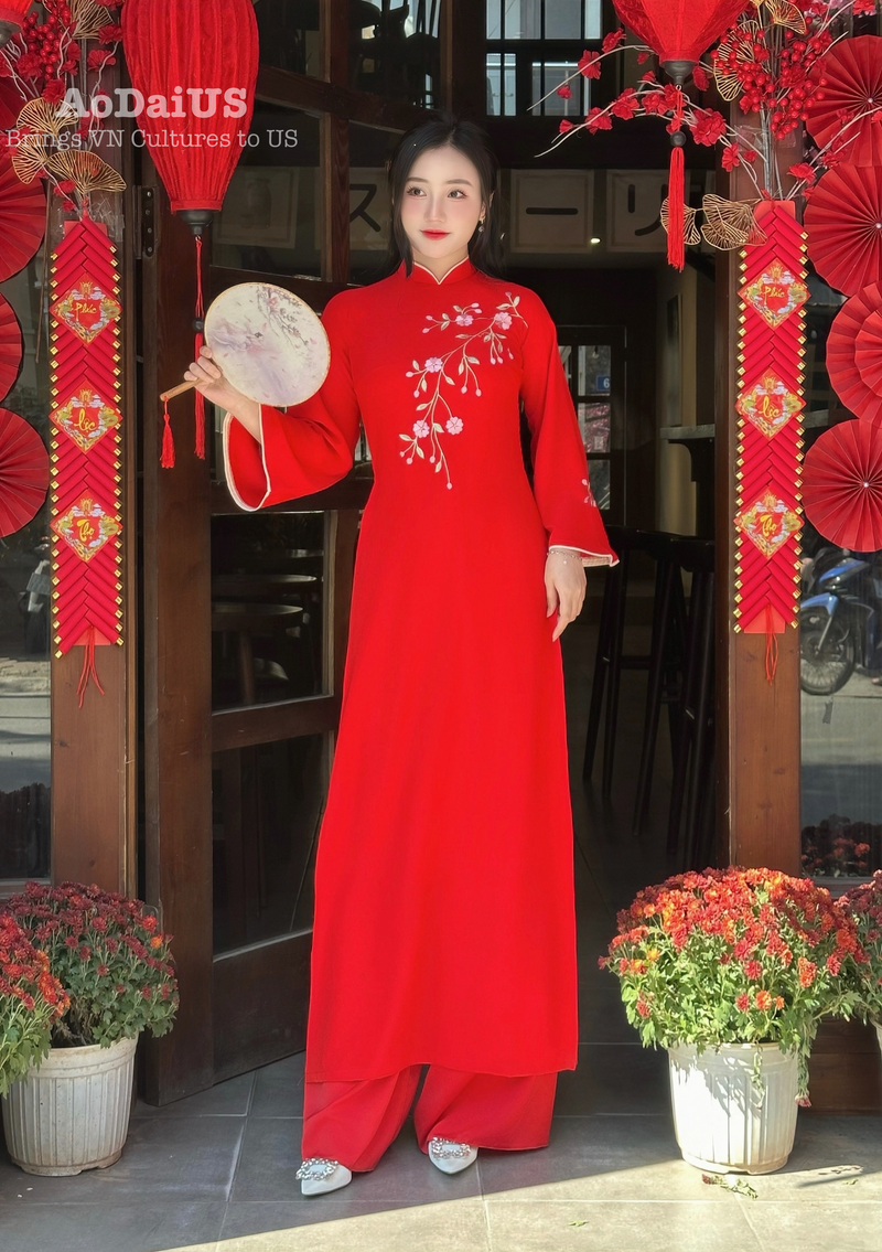 Red  Ao Dai Dress With Loose Style For Women | Áo Dài Truyền Thống B25