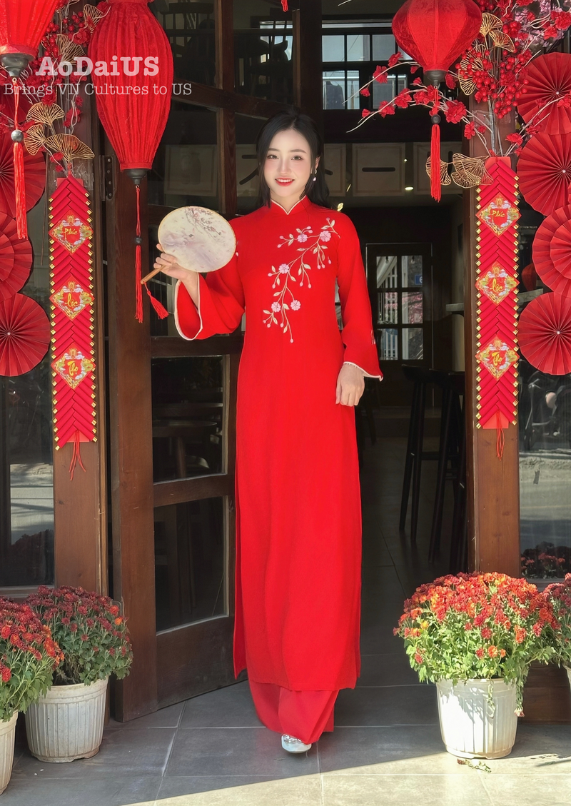 Red  Ao Dai Dress With Loose Style For Women | Áo Dài Truyền Thống B25