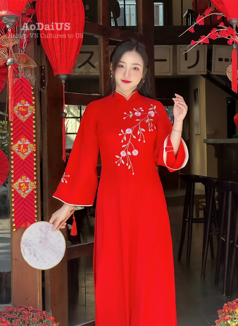 Red  Ao Dai Dress With Loose Style For Women | Áo Dài Truyền Thống B25