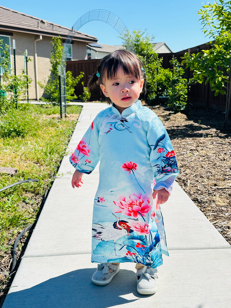 Blue Lotus Serenity Girl Ao Dai | Áo Dài Bé gái D5