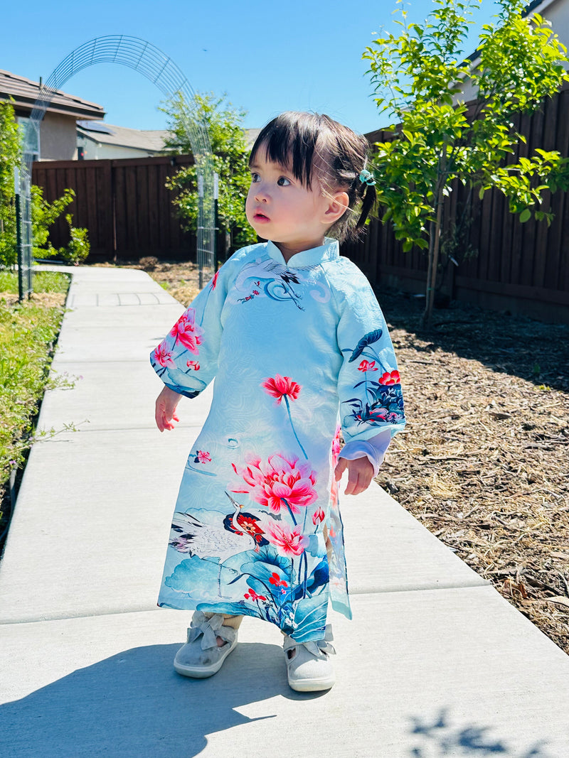 Blue Lotus Serenity Girl Ao Dai | Áo Dài Bé gái D5