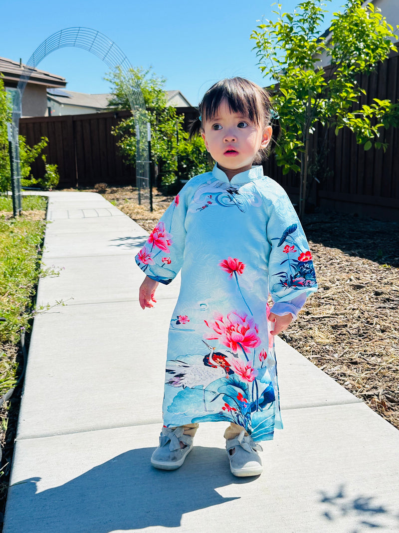 Blue Lotus Serenity Girl Ao Dai | Áo Dài Bé gái D5