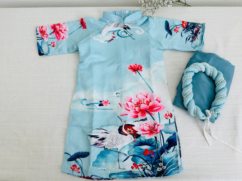 Blue Lotus Serenity Girl Ao Dai | Áo Dài Bé gái D5