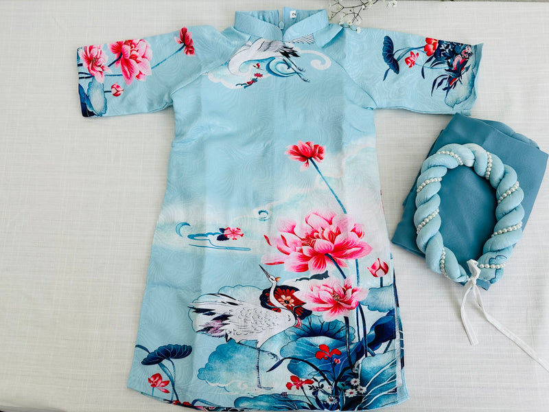 Blue Lotus Serenity Girl Ao Dai | Áo Dài Bé gái D5