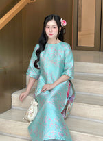 Teal Floral Vietnamese Ao Dai Set | Modern Silk Tunic with Cherry Blossom H35