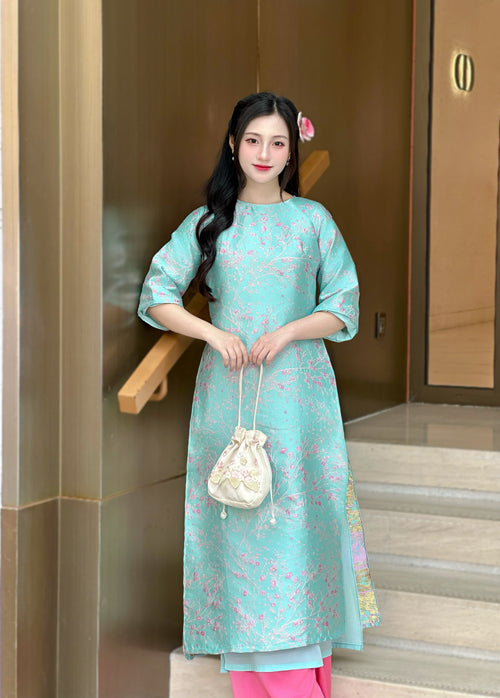 Teal Floral Vietnamese Ao Dai Set | Modern Silk Tunic with Cherry Blossom H35