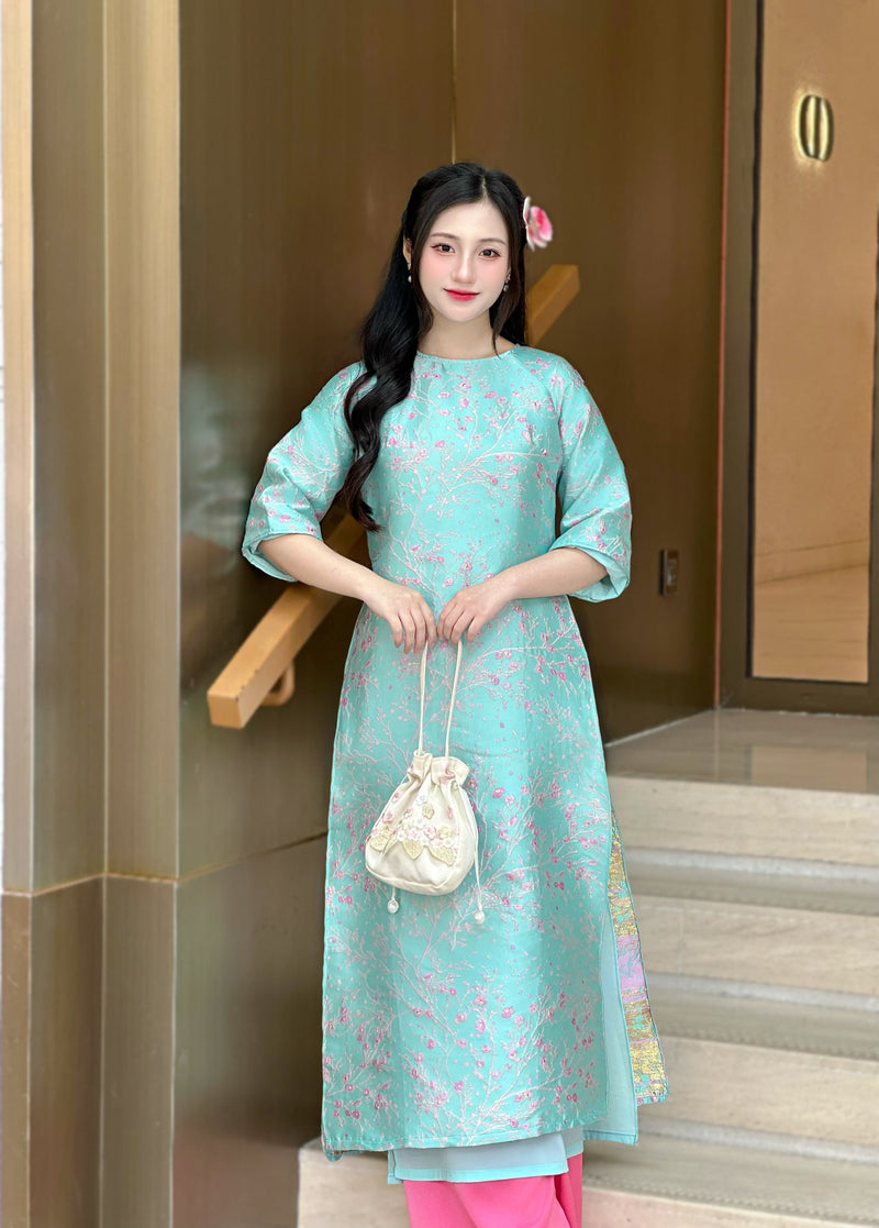 Teal Floral Vietnamese Ao Dai Set | Modern Silk Tunic with Cherry Blossom H35