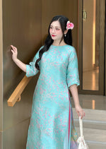 Teal Floral Vietnamese Ao Dai Set | Modern Silk Tunic with Cherry Blossom H35