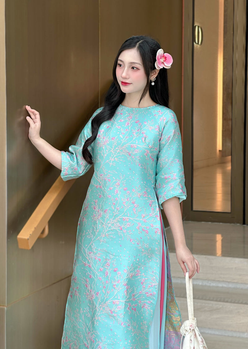 Teal Floral Vietnamese Ao Dai Set | Modern Silk Tunic with Cherry Blossom H35