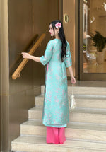 Teal Floral Vietnamese Ao Dai Set | Modern Silk Tunic with Cherry Blossom H35