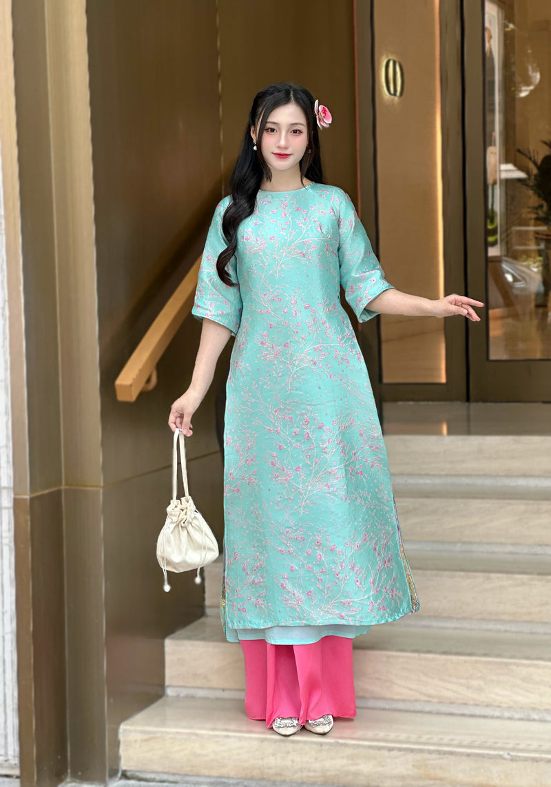 Teal Floral Vietnamese Ao Dai Set | Modern Silk Tunic with Cherry Blossom H35