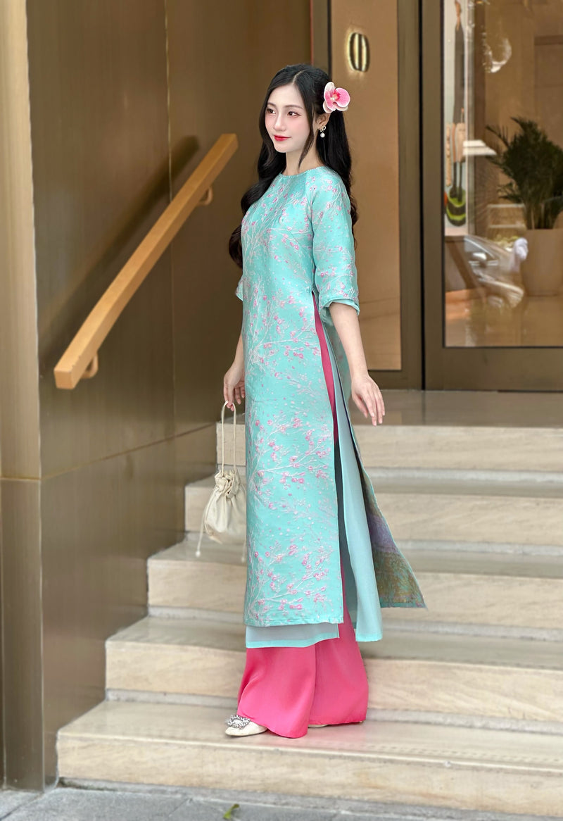 Teal Floral Vietnamese Ao Dai Set | Modern Silk Tunic with Cherry Blossom H35