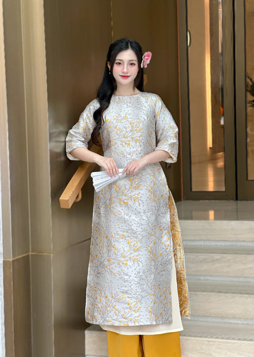 Cream with Yellow Floral Vietnamese Ao Dai Set | Modern Silk Tunic with Cherry Blossom H35