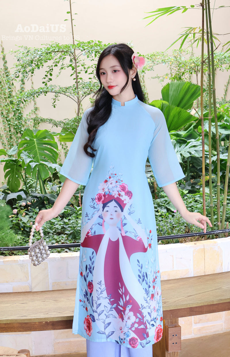 Nang Tho Blue Modern Vietnamese Ao Dai No Pants B37