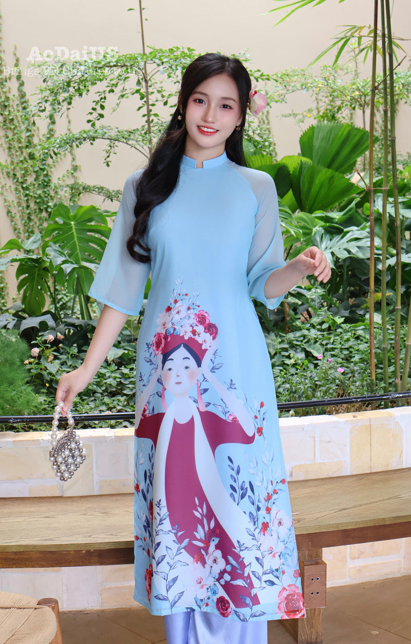 Nang Tho Blue Modern Vietnamese Ao Dai Set B37
