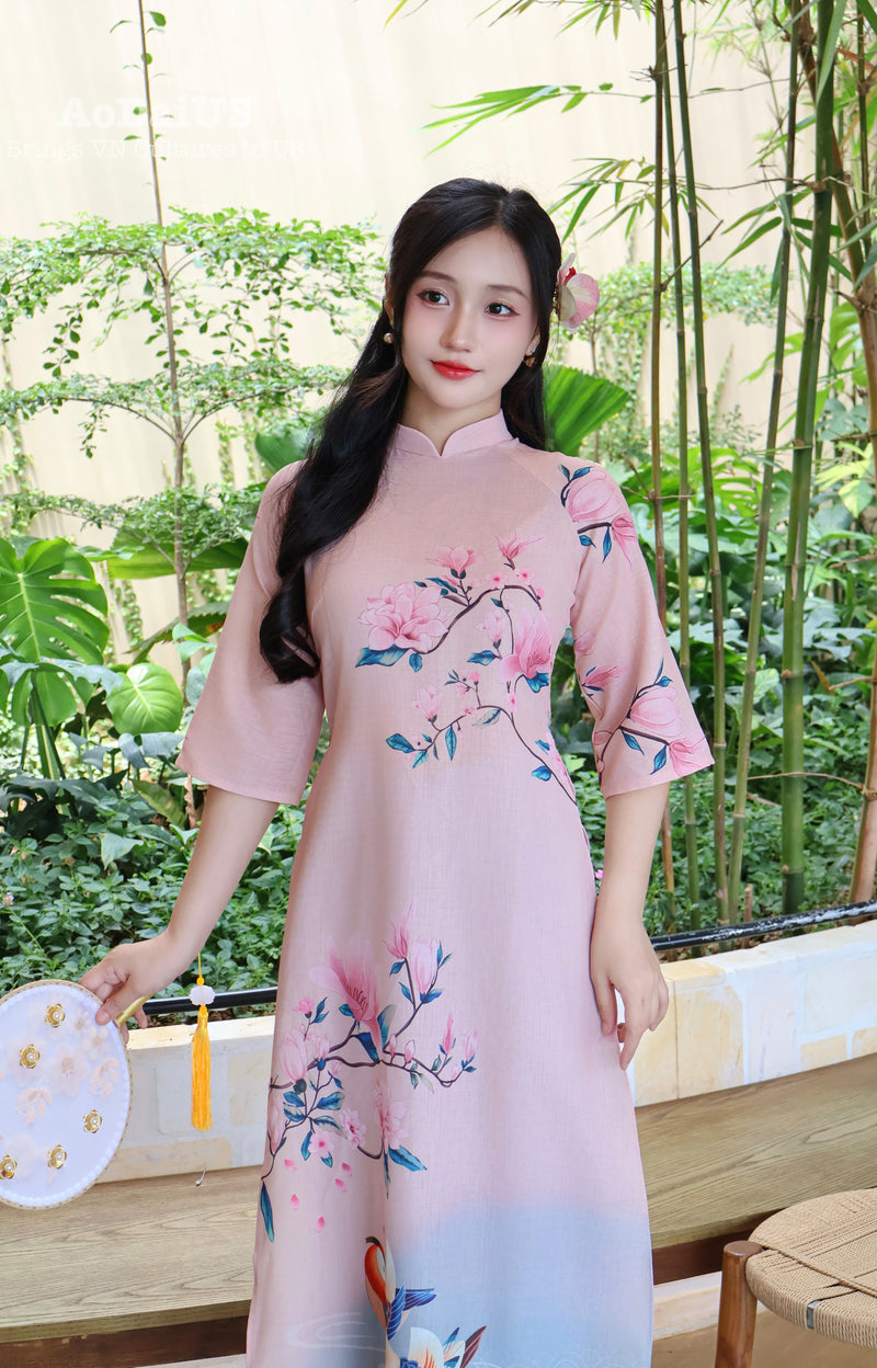 Modern Vietnamese Ao Dai | Áo Dài Hồng Hoa Đào Uyên Ương H58