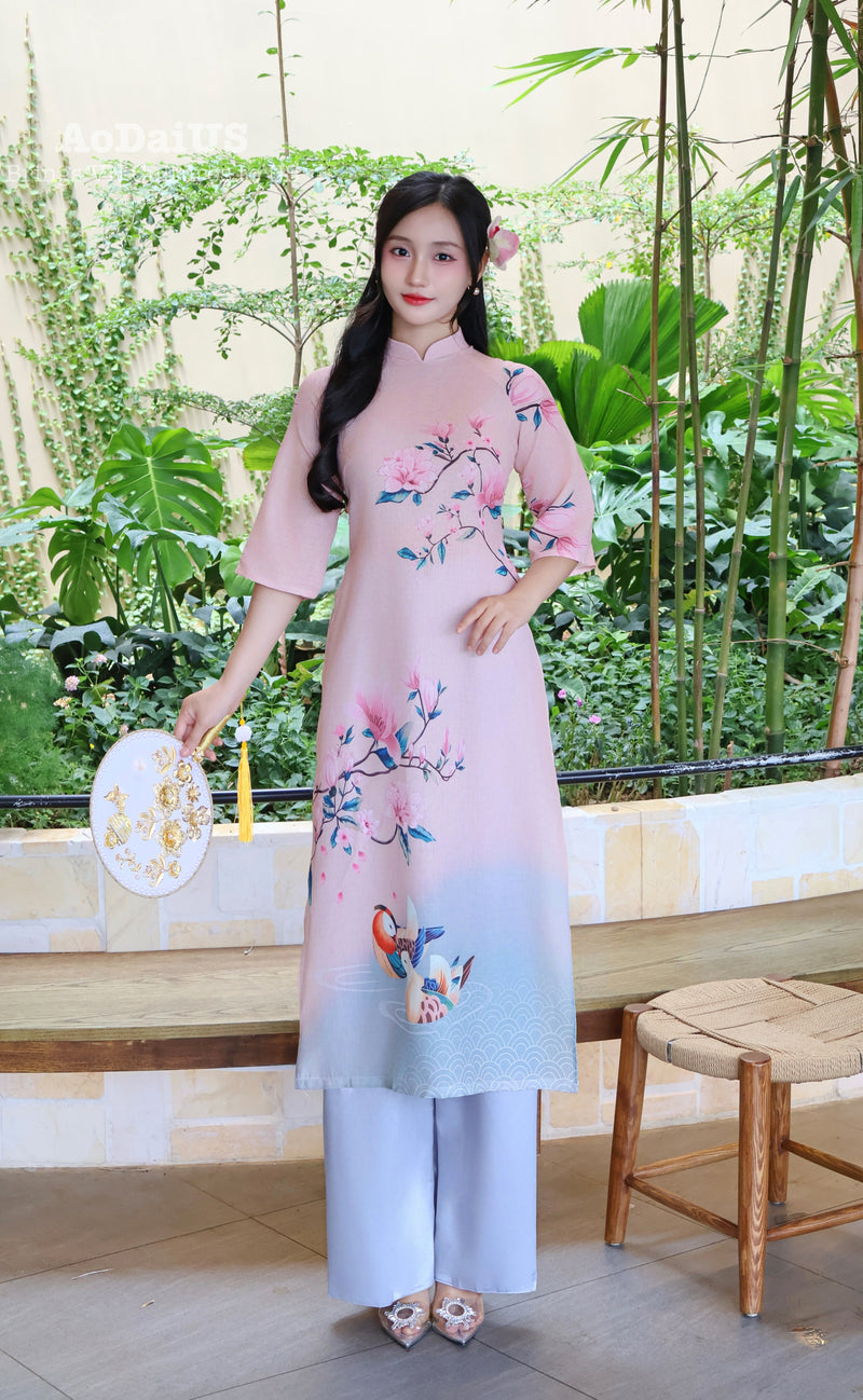 Modern Vietnamese Ao Dai | Áo Dài Hồng Hoa Đào Uyên Ương H58