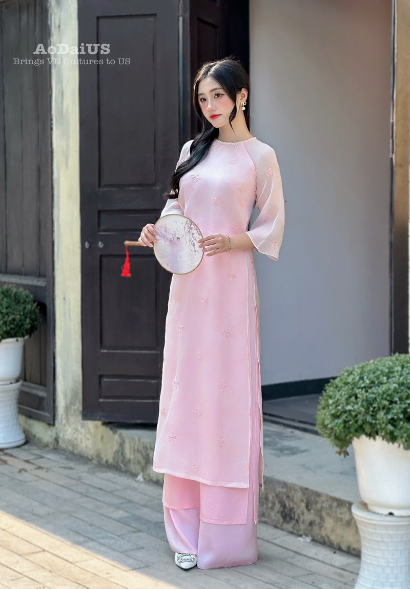 Pink Snowflake Ao Dai Vietnam NO PANTS
