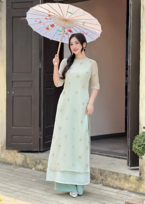 Green Snowflake Ao Dai Vietnam NO PANTS | Modern Vietnamese Ao Dai D10