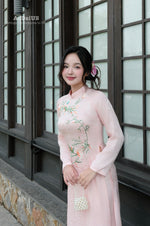 Graceful Pink Floral Embroidered Vietnamese Traditional Ao Dai Set B38