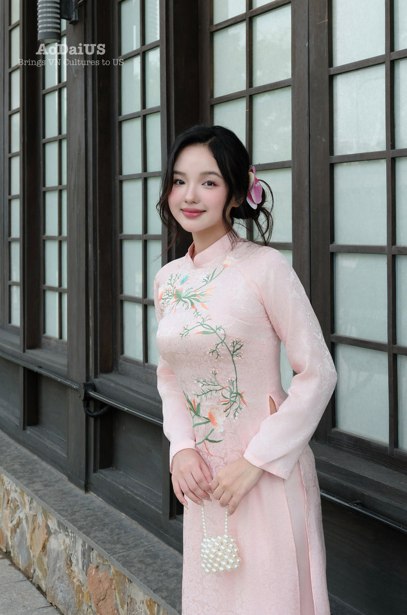 Graceful Pink Floral Embroidered Vietnamese Traditional Ao Dai Set B38