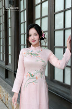 Graceful Pink Floral Embroidered Vietnamese Traditional Ao Dai Set B38